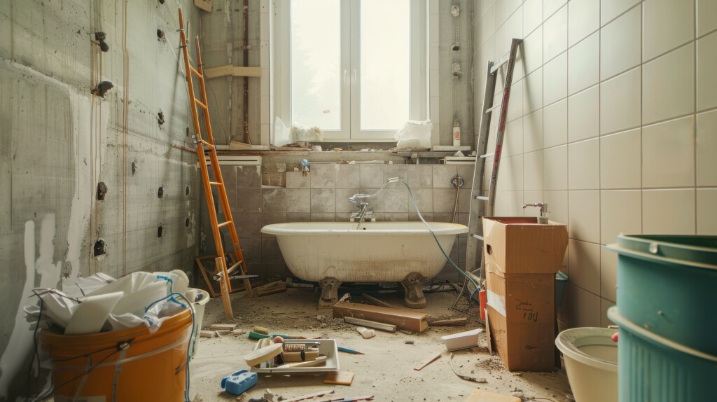 A Bathroom Renovation In Progress With Tools, Materials, And An Old Bathtub. The Space Is Under Construction With Visible Tiles And Supplies.