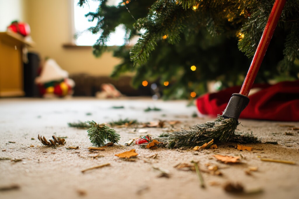 After Christmas Cleanup: Sweeping Up Pine Needles And Broken Decorations