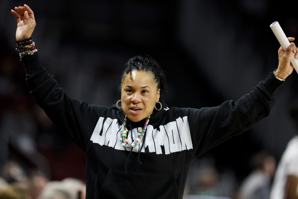 South Carolina head coach Dawn Staley gestures on the sideline during the second half of an NCAA college basketball game against Charleston Southern in Columbia, S.C., Thursday, Dec. 19, 2024. (AP Photo/Nell Redmond)