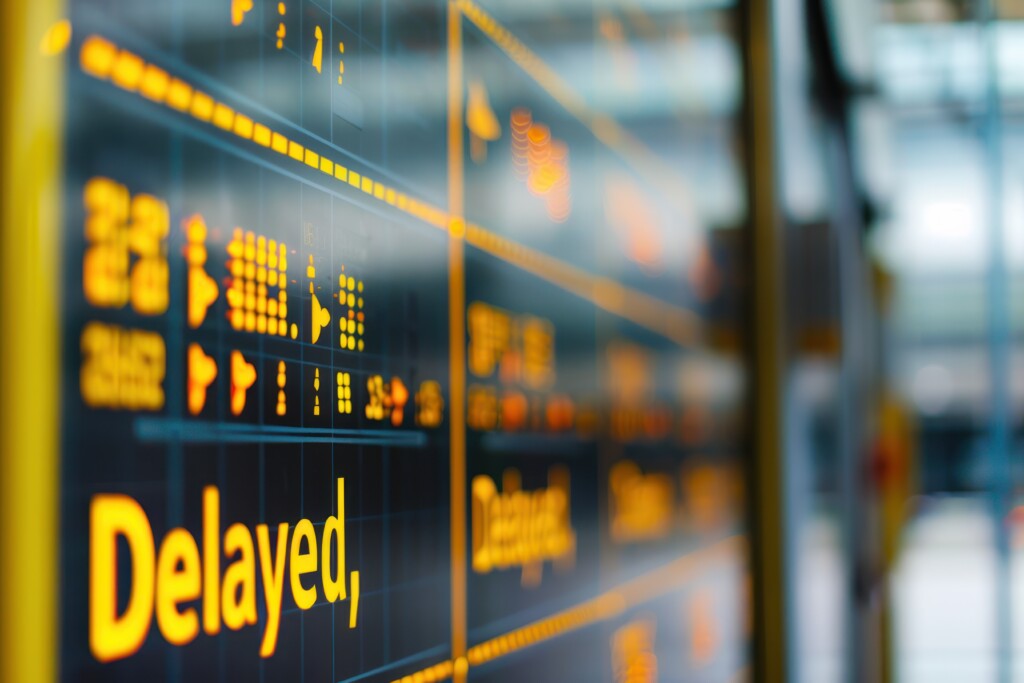 Closeup Of Airport Information Board With Flight Delays.