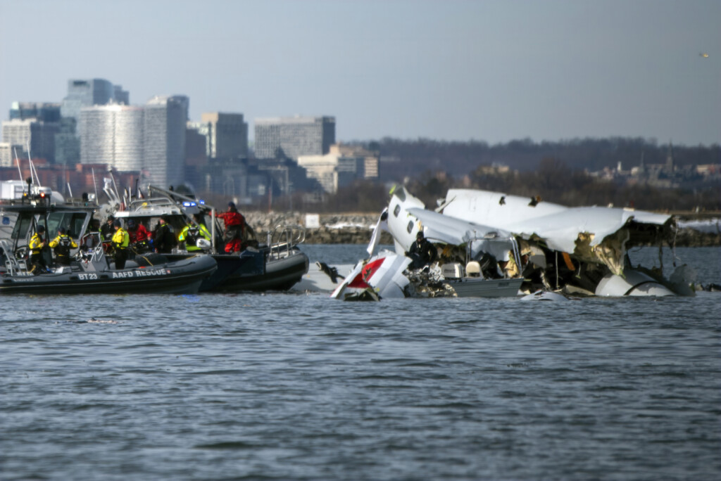 In this image provided by the U.S. Coast Guard, wreckage is seen in the Potomac River near Ronald Reagan Washington National Airport, Thursday, Jan. 30, 2025 in Washington. (Petty Officer 2nd Class Taylor Bacon, U.S. Coast Guard via AP)