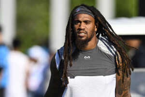 Carolina Panthers linebacker Shaq Thompson arrives for an NFL football joint practice with the New York Jets, Aug. 15, 2024, in Charlotte, N.C. (AP Photo/Matt Kelley, file)