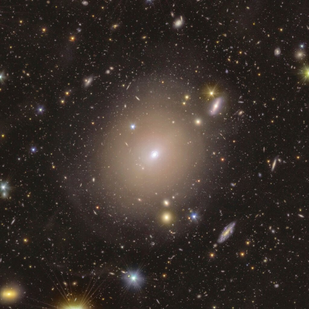 This photo provided by the European Space Agency shows a ring of light surrounding the center of the galaxy NGC 6505, captured by European Space Agency's Euclid telescope, an example of an Einstein ring. (European Space Agency via AP)