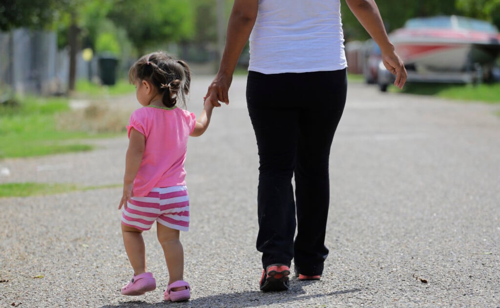 Immigration Birthright Citizenship In this Sept. 16, 2015, photo, a woman in Sullivan City, Texas, who said she entered the country illegally, walks with her daughter who was born in the United States, but was denied a birth certificate. (AP Photo/Eric Gay, File)
