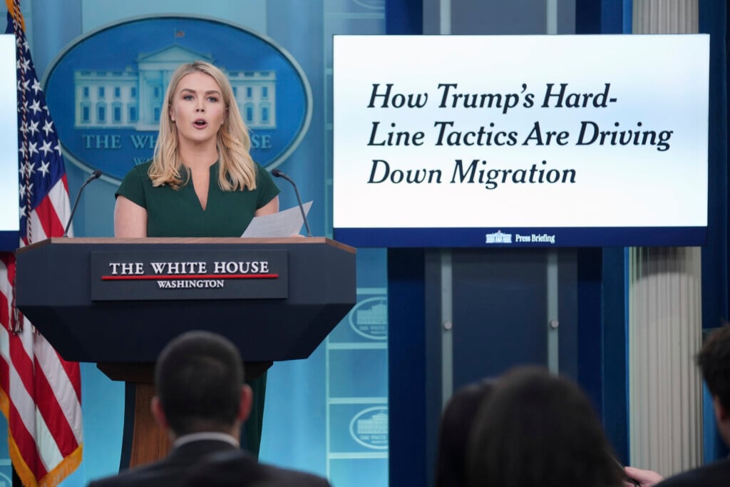 White House press secretary Karoline Leavitt speaks during a press briefing at the White House, Monday, March 17, 2025, in Washington. (AP Photo/Evan Vucci)