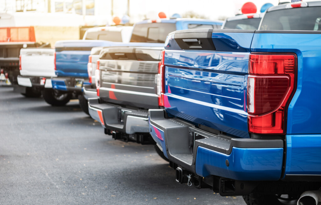 Brand New Pickup Trucks Vehicles On A Dealership Lot