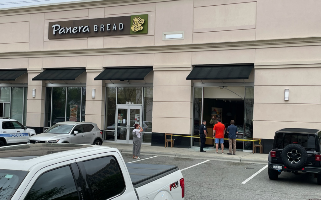 A car crashed into the Panera Bread in SouthPark Monday morning.