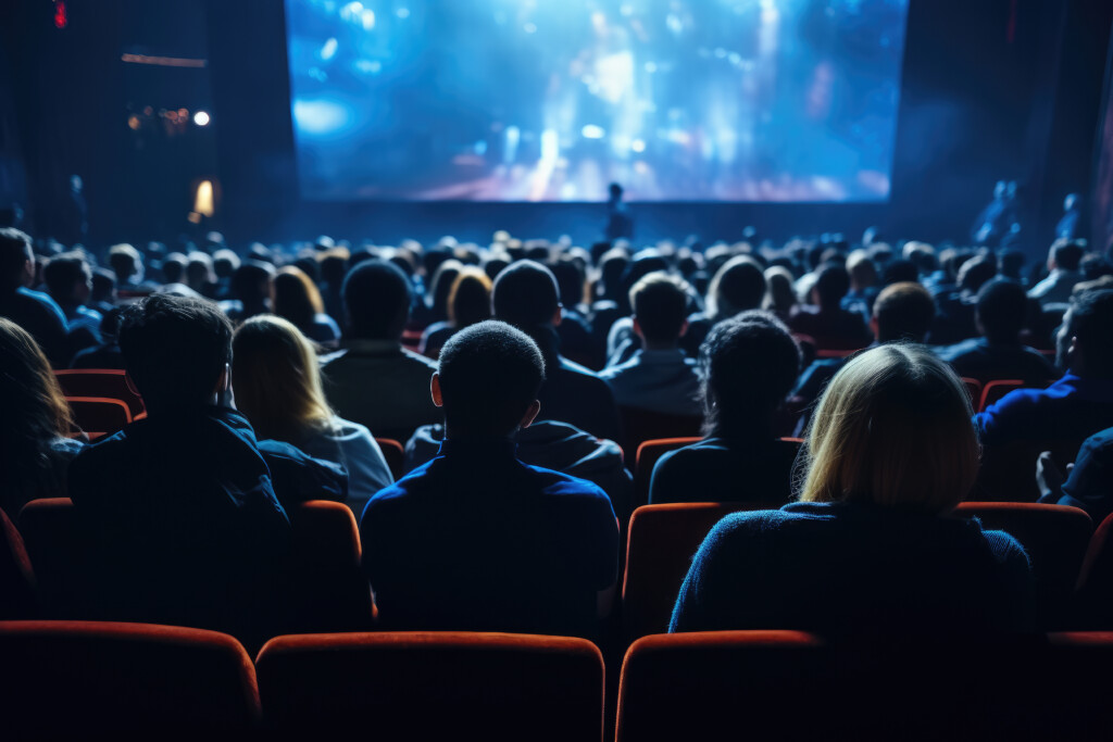 A Group Of People Gathered Together To Enjoy A Movie Projected On A Large Screen. This Image Can Be Used To Depict A Movie Night, Cinema Experience, Or Community Event.