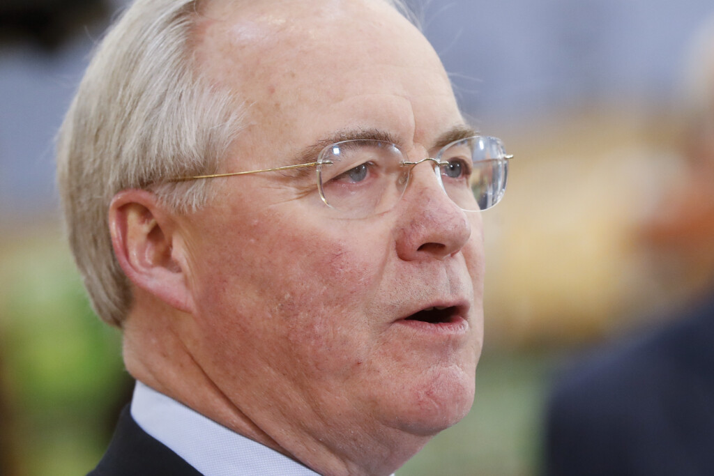Rodney McMullen, Chairman and CEO of Kroger, speaks during a news conference at a Kroger supermarket as the company announces new associate benefits attributed to the Tax Cuts and Jobs Act, Monday, April 16, 2018, in Cincinnati. (AP Photo/John Minchillo)