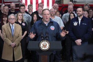 Vice President JD Vance, right, and Ohio Gov. Mike DeWine, left, listen as Environmental Protection Agency administrator Lee Zeldin, center, speaks in East Palestine Fire Station on Feb 3, 2025, in East Palestine, Ohio, Feb. 3, 2025. (AP Photo/Gene J. Puskar, File)