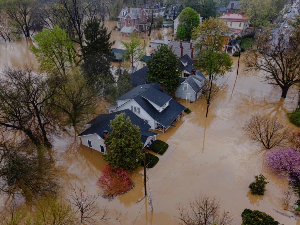 A flooded neighborhood is seen on Sunday, April 6, 2025, in Frankfort, Ky. (AP Photo/Jon Cherry)