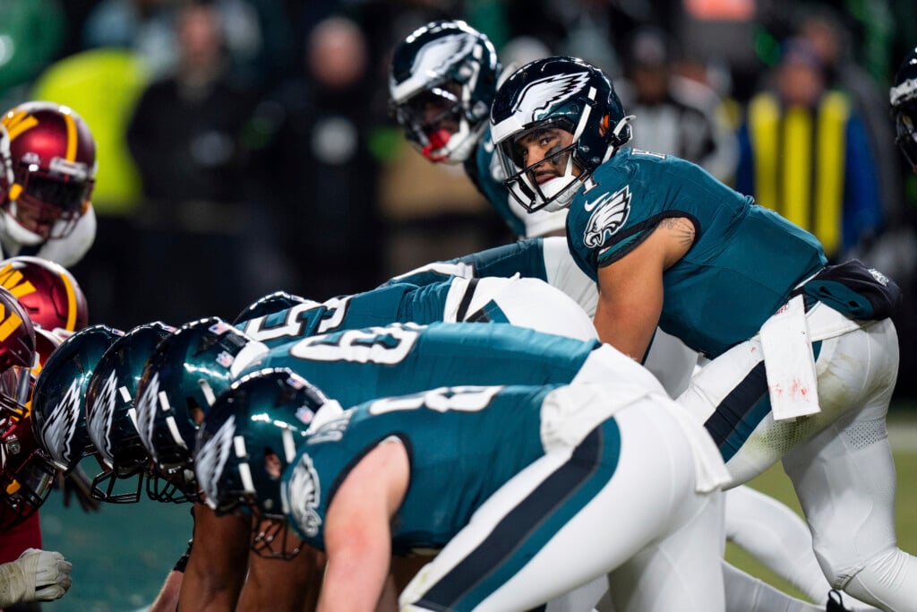 Philadelphia Eagles quarterback Jalen Hurts (1) lines up for the goal line Tush Push play during the NFL championship playoff football game against the Washington Commanders, Jan. 26, 2025, in Philadelphia. (AP Photo/Chris Szagola, File)