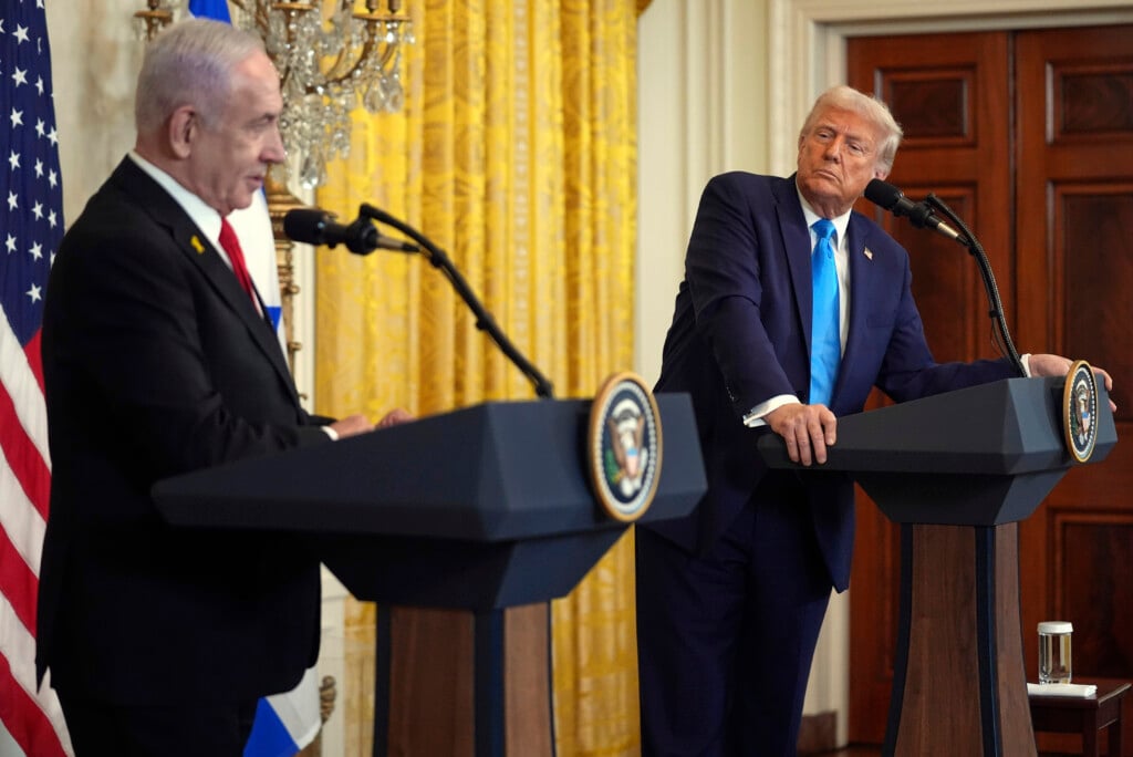 President Donald Trump listens as Israel's Prime Minister Benjamin Netanyahu speaks during a news conference in the East Room of the White House, Feb. 4, 2025, in Washington. (AP Photo/Evan Vucci, File)