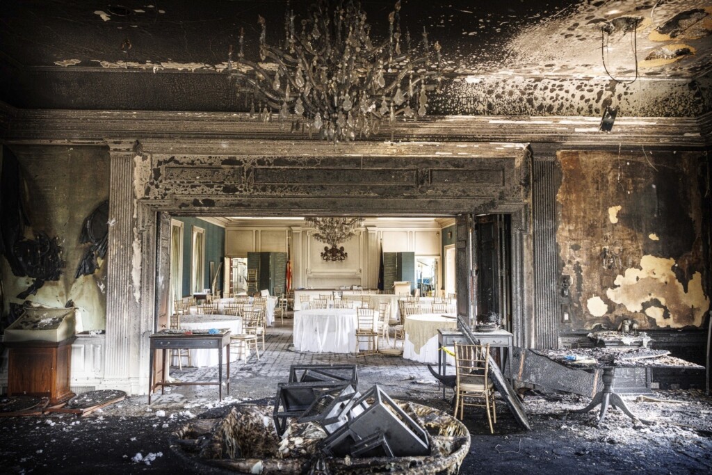 This image shows damage after a fire at the Pennsylvania governor’s mansion while Democratic Gov. Josh Shapiro and his family slept inside on Sunday, April 13, 2025, in Harrisburg, Pa. (Commonwealth Media Services via AP)