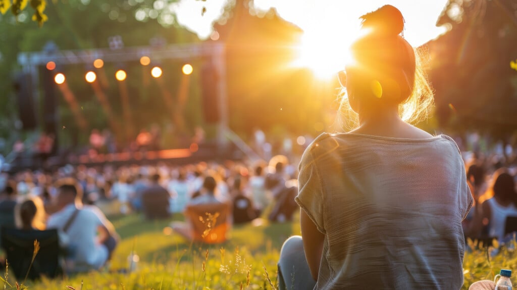 Woman Sitting On Grass At Outdoor Concert During Sunset