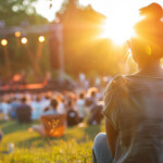 Woman Sitting On Grass At Outdoor Concert During Sunset