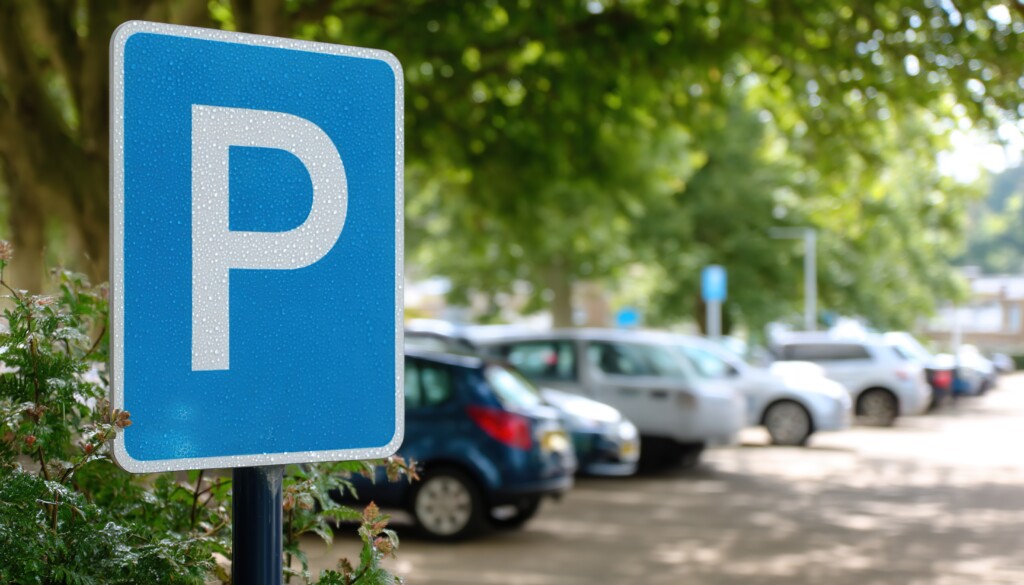 A Close Up Of A Blue Parking Sign With A White "p" Against A Blurred Parking Lot Symbolizes Urban Order And Convenience.