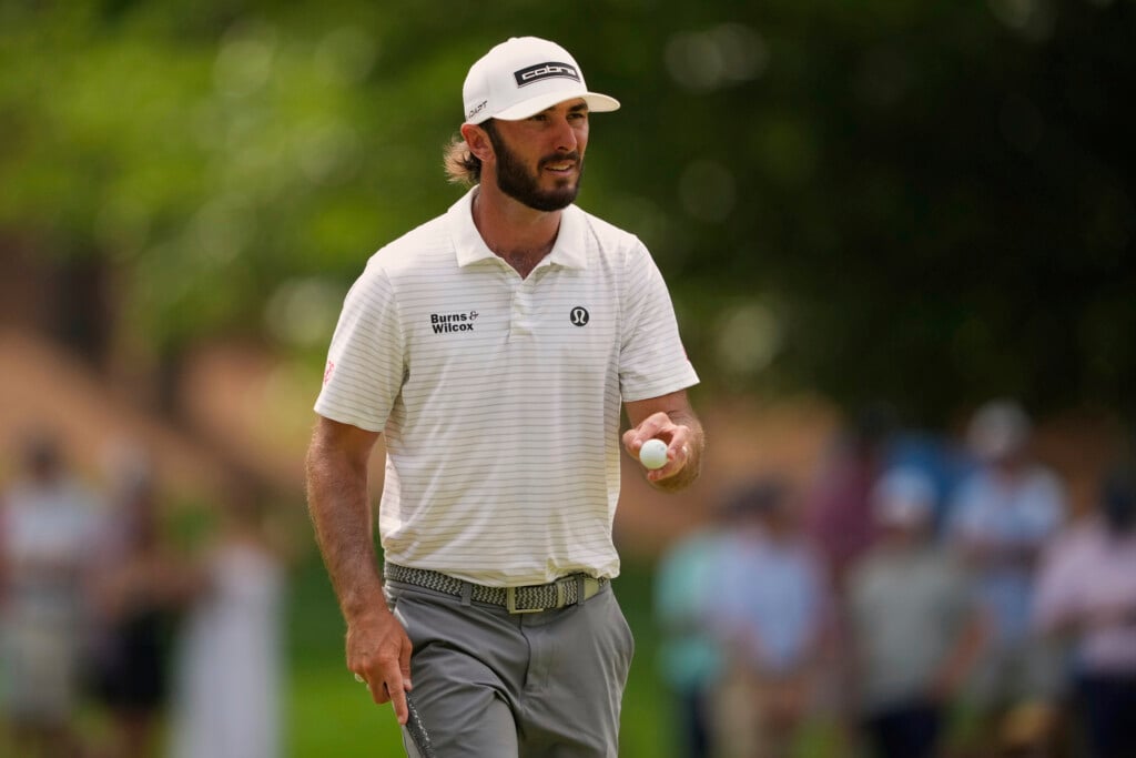 Max Homa waves after making a putt on the sixth hole during the second round of the PGA Championship golf tournament at the Quail Hollow Club, Friday, May 16, 2025, in Charlotte, N.C. (AP Photo/Matt York)