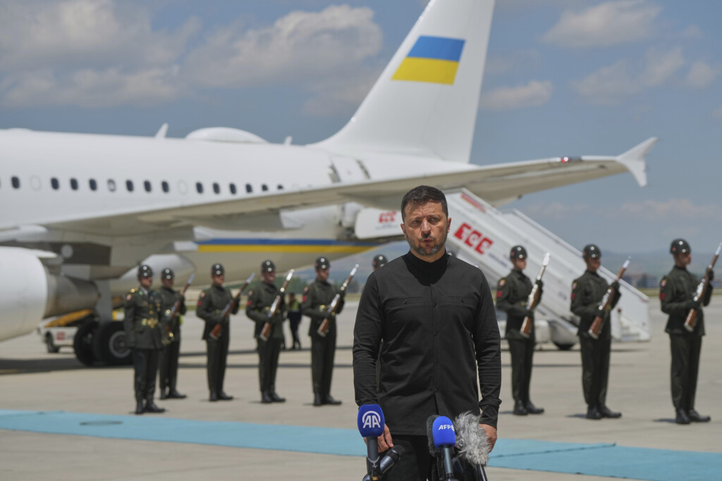 Ukrainian President Volodymyr Zelensky talks to journalists as he arrives at Esenboga airport in Ankara, Turkey, Thursday, May 15, 2025. (AP Photo/Evgeniy Maloletka)
