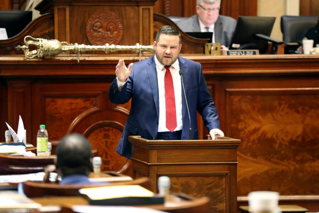 South Carolina Rep. RJ May, R-West Columbia, speaks in favor of an education voucher bill on Wednesday, April 26, 2023, in Columbia, S.C. (AP Photo/Jeffrey Collins, File)