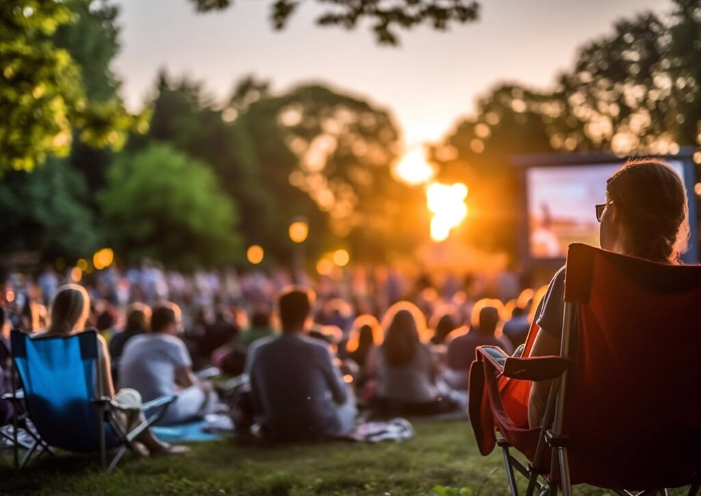 People In Summer Park Watching Movies In Open Air Cinema.ai Generative