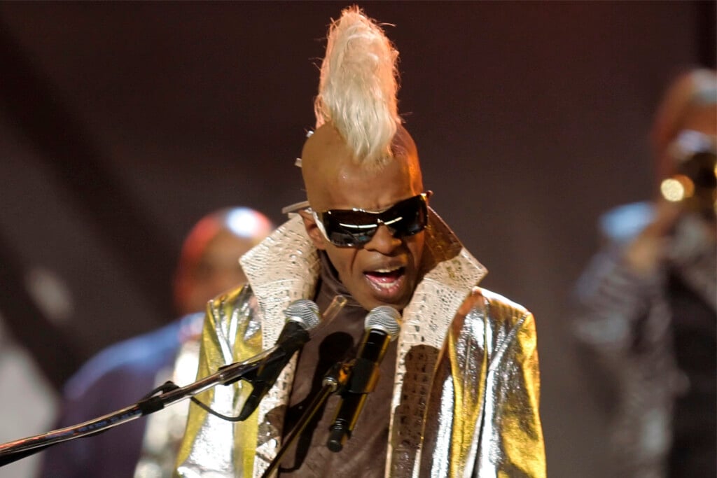 Sly Stone from the group Sly and the Family Stone performs at the 48th Annual Grammy Awards on Feb. 8, 2006, in Los Angeles. (AP Photo/Mark J. Terrill, File)