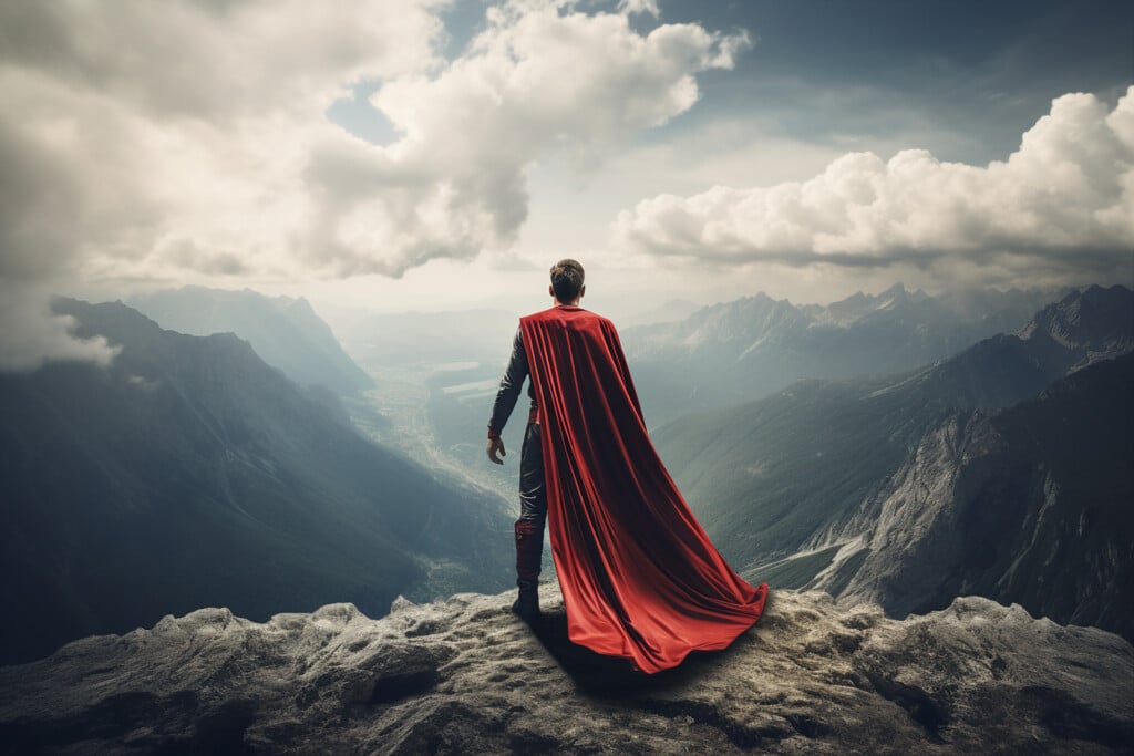 Businessman Superhero With Red Cape Standing And Looking On The Top Of Mountain Landscape Generative Ai