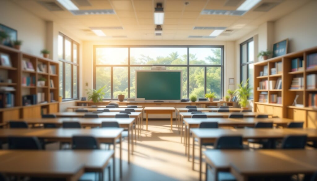 Beautiful Blurred Background Of A Bright Classroom And Study Room With Panoramic Windows And Good Lighting. Beautiful Blurred School Background.