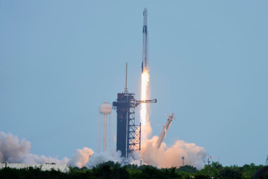 A SpaceX Falcon 9 rocket, carrying a Dragon capsule with a U.S.-Japanese-Russian crew of four, lifts off from Kennedy Space Center's Launch Pad 39-A in Cape Canaveral , Fla., on Friday, Aug. 1, 2025. (AP Photo/Chris O'Meara)