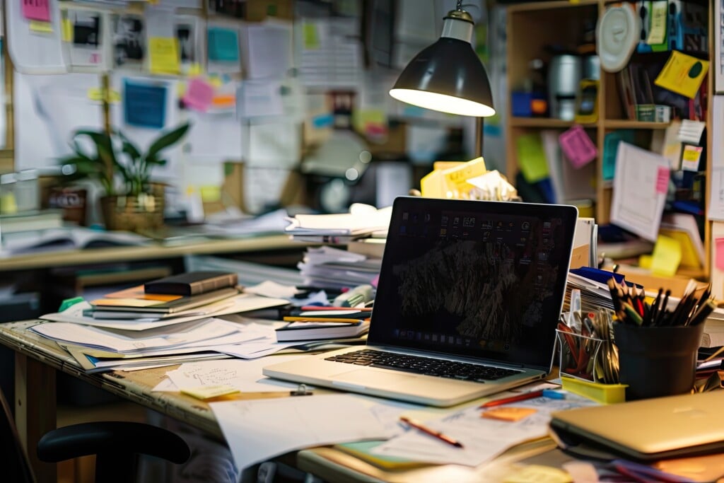Work Space Messy With Laptop And Paper