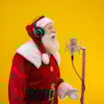Santa Claus Singing Or Speaking In A Studio Microphone. Merry Christmas. Broadcaster. Announcer. Promotion. Christmas Music Concept.