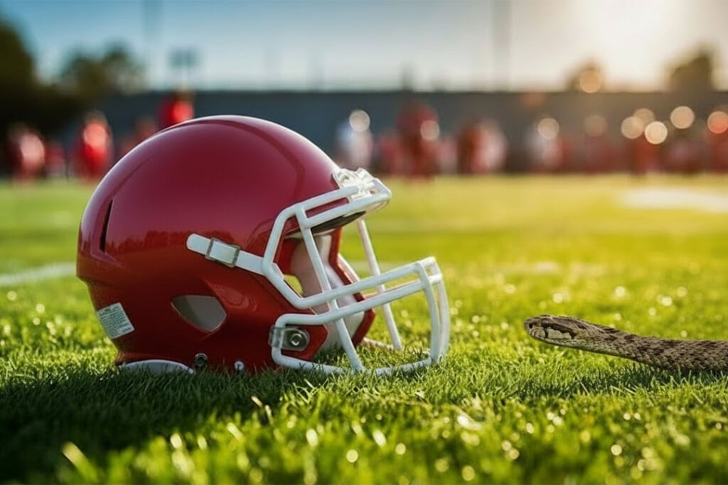Red Helmet On Football Field With A Snake Approaching 1080x720