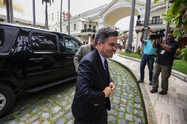 US embassy representative Brian Naranjo arrives for a meeting with the First Vice-President of the Venezuelan National Assembly Freddy Guevara and ambassadors to Venezuela and other diplomatic staff at the National Assembly in Caracas