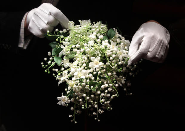 LONDON - JULY 20:  A recreation of the Duchess of Cambridge's wedding bouquet is photographed before it goes on display at Buckingham Palace during the annual summer opening on July 20