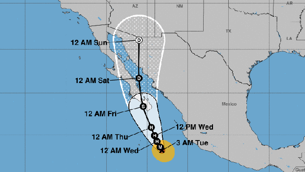 A graphic from the National Weather Service shows Hurricane Bud's projected path as of 5 a.m. ET on June 12, 2018. Times displayed are MT. 