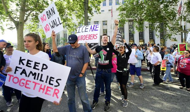 People protest in front of the Federal Courthouse the visit to Los Angeles by US Attorney General Jeff Sessions