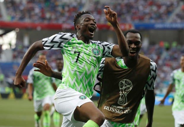 Nigeria's Ahmed Musa celebrates his team's second goal during the group D match between Nigeria and Iceland at the 2018 soccer World Cup in the Volgograd Arena in Volgograd