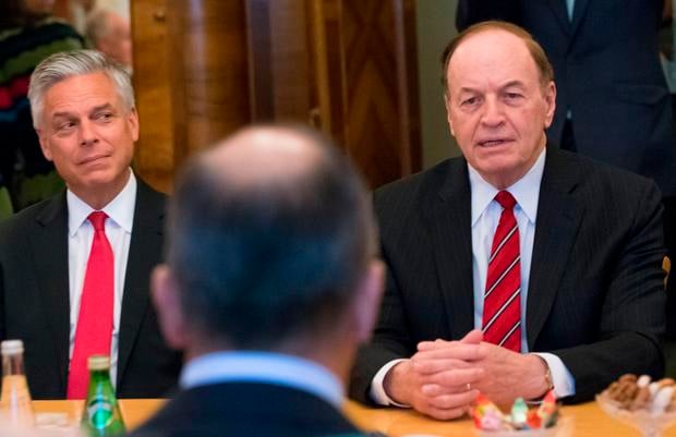 Russian Foreign Minister (C) listens to US Senator Richard Shelby (R) during his meeting with US congressional delegation as US Ambassador to Russia Jon Huntsman Jr. listens in Moscow