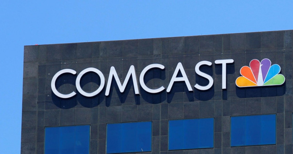 The Comcast NBC logo is shown on a building in Los Angeles