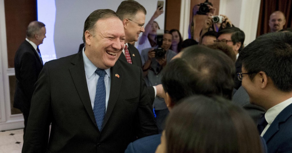 Secretary of State Mike Pompeo greets members of the audience after speaking at a Business Community ?Reception at the Metropole Hotel in Hanoi