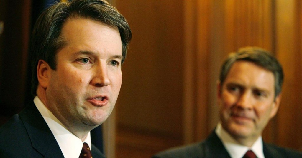 WASHINGTON - MAY 22:  District of Columbia Circut Court of Appeals nominee Brett Kavanaugh (L) and Senate Majority Leader Bill Frist (R-TN) hold a news conference in the Capitol May 22