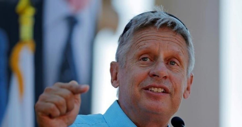 Libertarian presidential candidate Gary Johnson speaks at a campaign rally in Boston