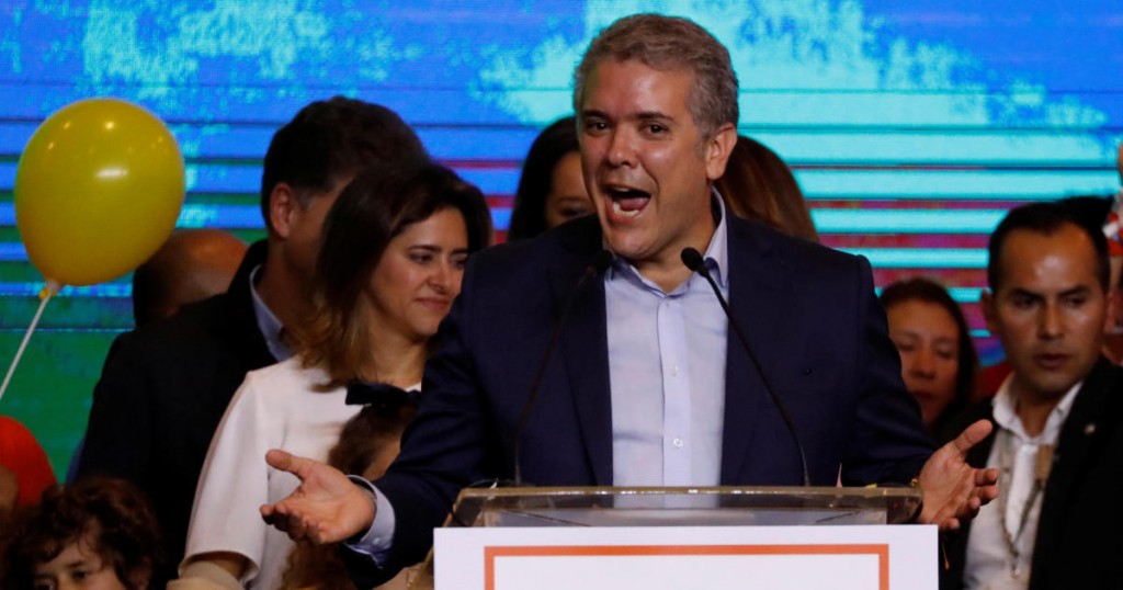 Right wing presidential candidate Ivan Duque speaks after polls closed in the first round of the presidential election in Bogota