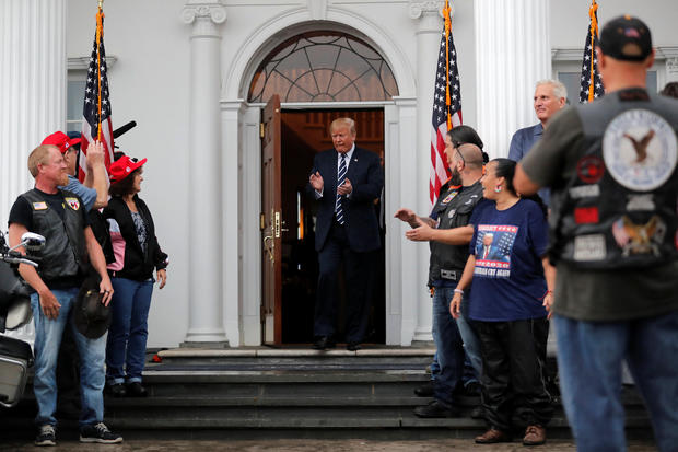 U.S. President Donald Trump meets with supporters from a group called "Bikers for Trump" at Trump National Golf Club in Bedminster