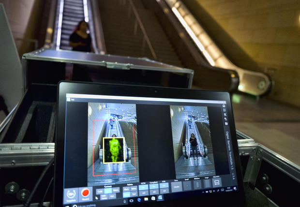 An arriving passenger to Union Station in Los Angeles is seen on the ThruVision technology that reveals suspicious objects on people during a Transportation Security Administration demonstration on Tuesday
