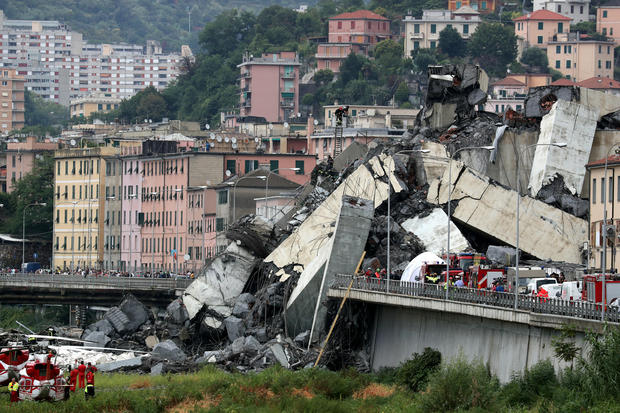 The collapsed Morandi Bridge is seen in the Italian port city of Genoa