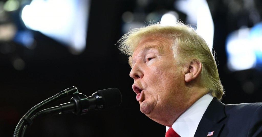 US President Donald Trump speaks during a campaign rally at Ford Center in Evansville