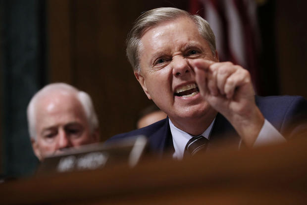 Senate Judiciary Committee member Sen. Lindsey Graham (R-SC) shouts while questioning Judge Brett Kavanaugh during his Supreme Court confirmation hearing in the Dirksen Senate Office Building on Capitol Hill in Washington
