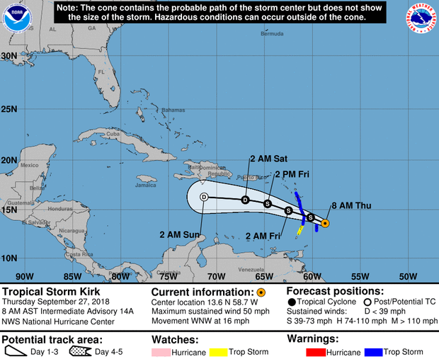 A map made by the National Hurricane Center shows the projected path for Tropical Storm Kirk as of 8 a.m. ET on Sept. 27, 2018. 