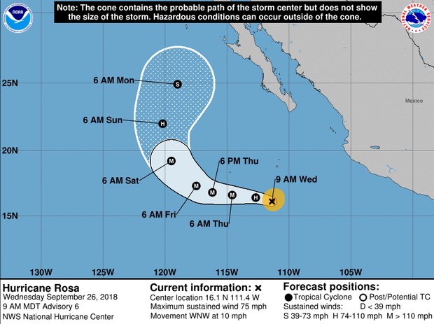 A map made by the National Hurricane Center shows Hurricane Rosa's projected path as of 11 a.m. ET on Sept. 26, 2018. 